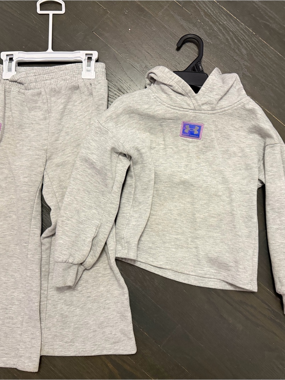Under Armour Light Gray Girls' Hoodie & Joggers Set with Purple Logo Patch